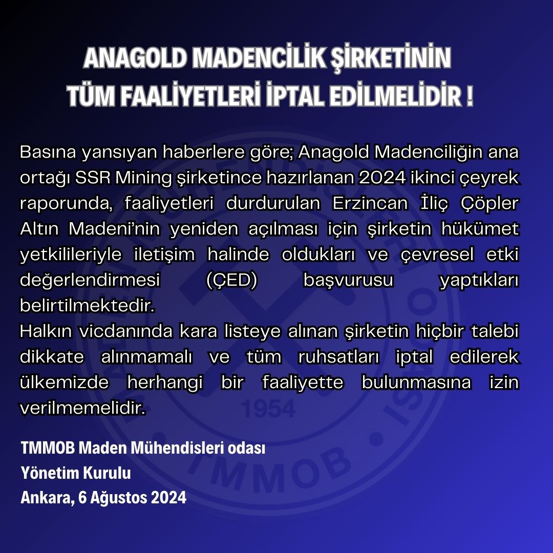 ANAGOLD MADENCİLİK ŞİRKETİNİN TÜM FAALİYETLERİ İPTAL EDİLMELİDİR !